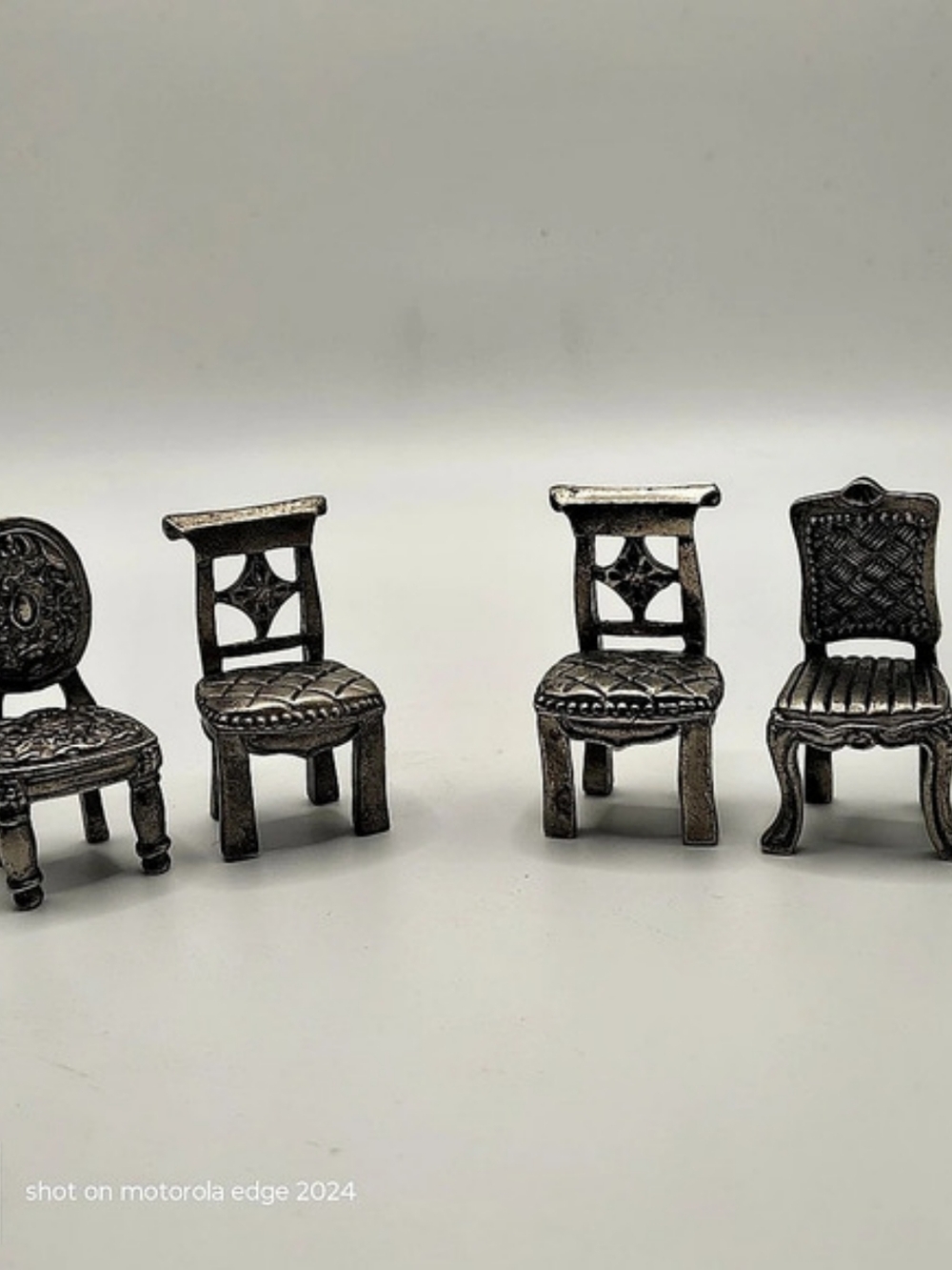 Set Of 4Vintage Ornate Pewter Miniature Chairs|1:12 Dollhouse Place Card Holders